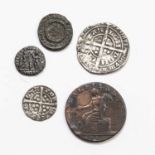 Small collection of coins comprising of two hammered coins, a 1791 half penny with a bust of