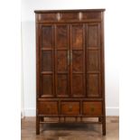 Burr wood Ming style cabinet Chinese, with panelled concertina doors, and three drawers below, 110cm