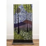 Large mosaic glass panel on a metal stand depicting trees and river scene, unsigned, 126cm high