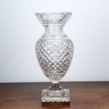 Large Irish cut glass vase of urn on pedestal form, with hobnail cut detail, unmarked, 42.5cm high