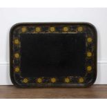 Papier mache tray 19th Century, of black ground, with a painted border, marked to the reverse,