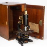 W Watson and Sons Ltd 'Service' microscope, number 77300, 32cm high, in a mahogany case, 36.5cm x