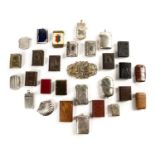 Large collection of vesta cases and novelty snuff boxes including: silver plated examples,