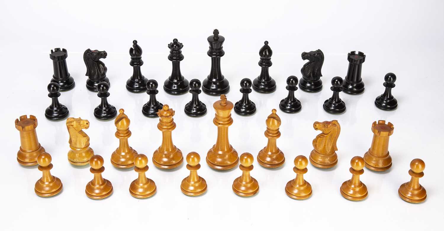 Staunton ebony and weighted boxwood chess set in a mahogany box, king 10cm high, box 21cm wide and a - Image 2 of 17