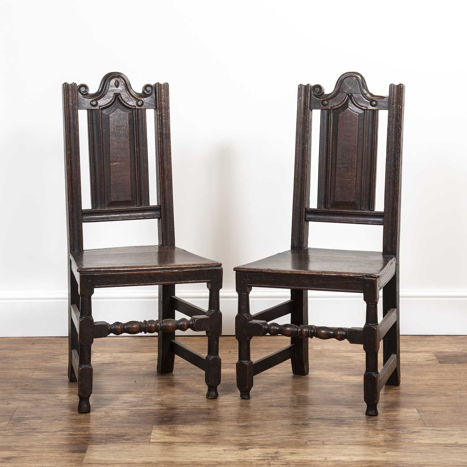 Pair of oak hall chairs Late 17th/early 18th Century, with shaped pediment top rail and turned - Image 2 of 4