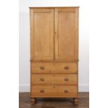 Pine linen cupboard Victorian, with fitted shelves and three drawers below, 94cm wide x 46cm deep