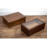 Mahogany box or display case, 19th Century, with glass hinged door/lid and drawer with brass handle,