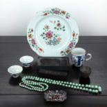 Famille rose plate Chinese, 18th Century and a few other Chinese pieces including an ink stone, a