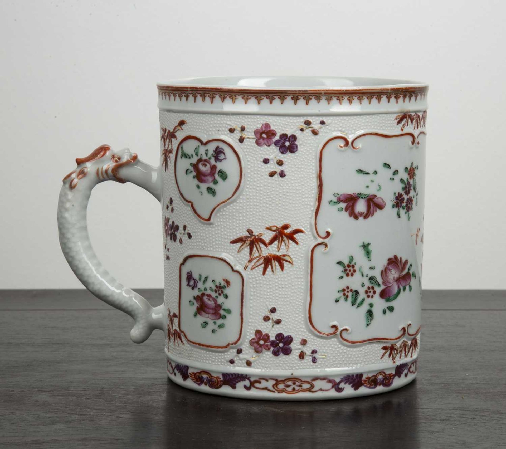 Large famille rose tankard Chinese with raised decoration separated by floral medallions, the - Image 3 of 5