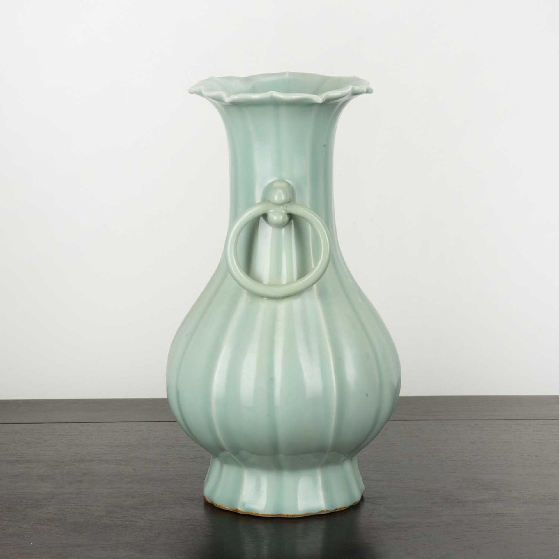 Celadon riveted vase Chinese covered with a pale celadon glaze, flanked by two set handles with - Image 4 of 5