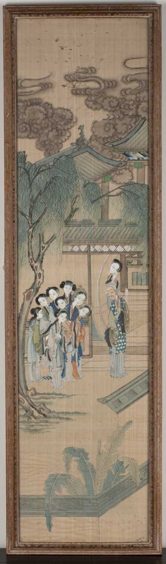 Chinese silk study 19th Century painted with figures on a terrace, unsigned, 77cm x 19cmSome - Image 2 of 3