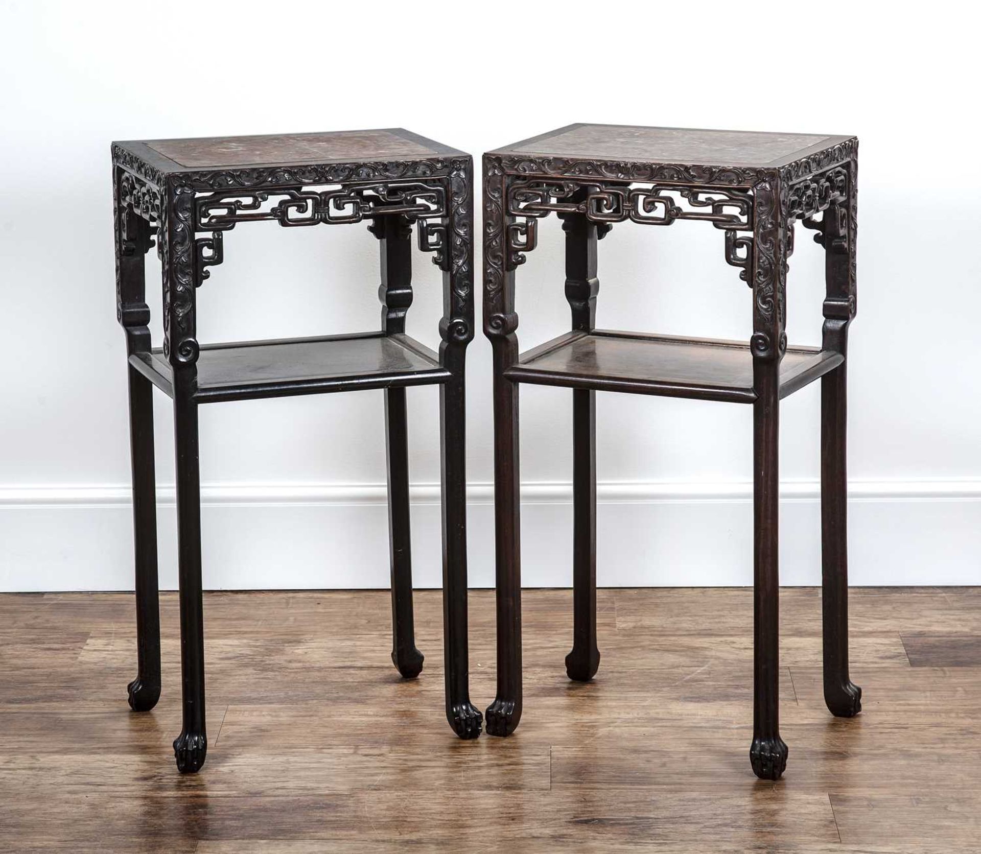 Pair of marble inset tables Chinese, late 19th Century with foliate carved and decorative friezes,