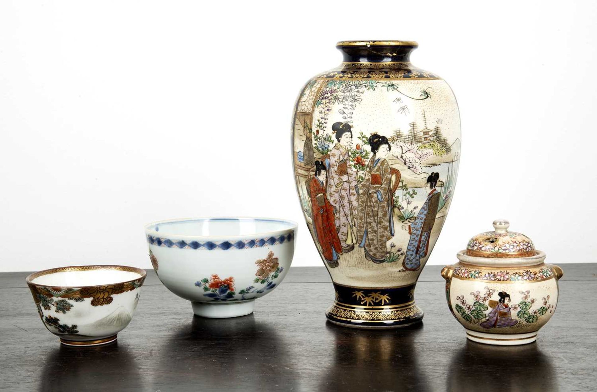 Small group of pieces Japanese to include a blue ground satsuma vase, 19cm, a miniature Satsuma - Image 2 of 6