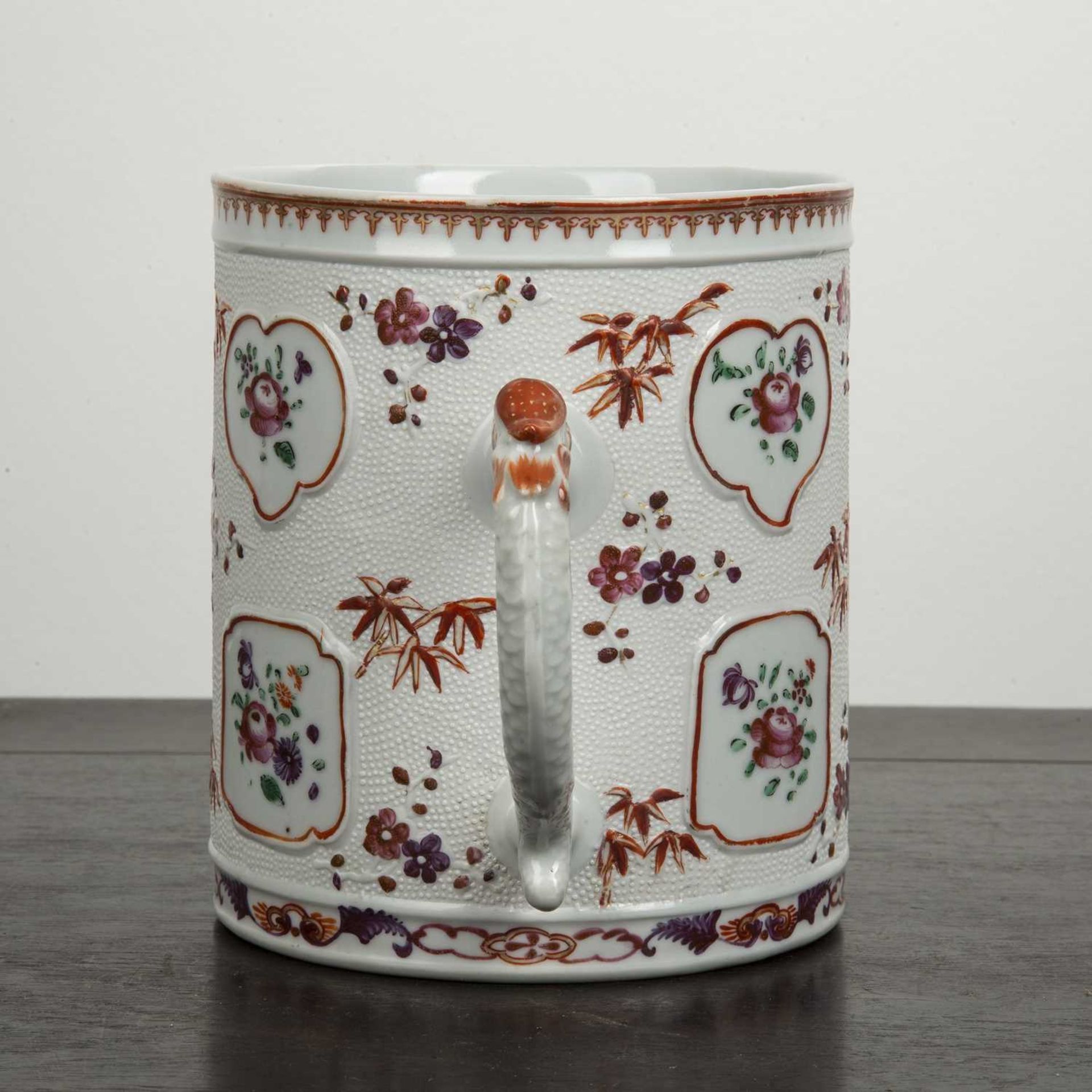 Large famille rose tankard Chinese with raised decoration separated by floral medallions, the - Image 4 of 5