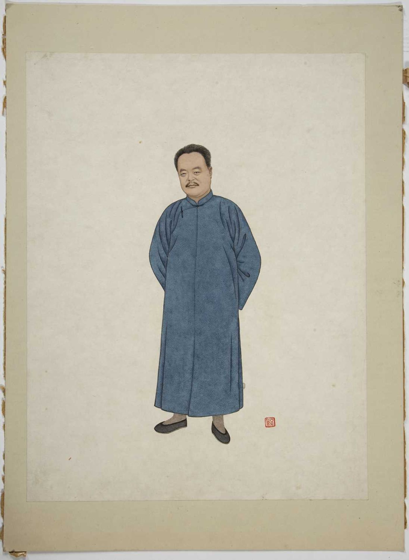 Chiang Yee (Chinese, 1903-1977) 'Study of a standing gentleman in blue coat', ink and wash study, - Image 2 of 2