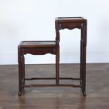 Two tier hardwood stand Chinese, circa 1900 with shaped frieze and stretchers, 67cm wide, 30cm deep,
