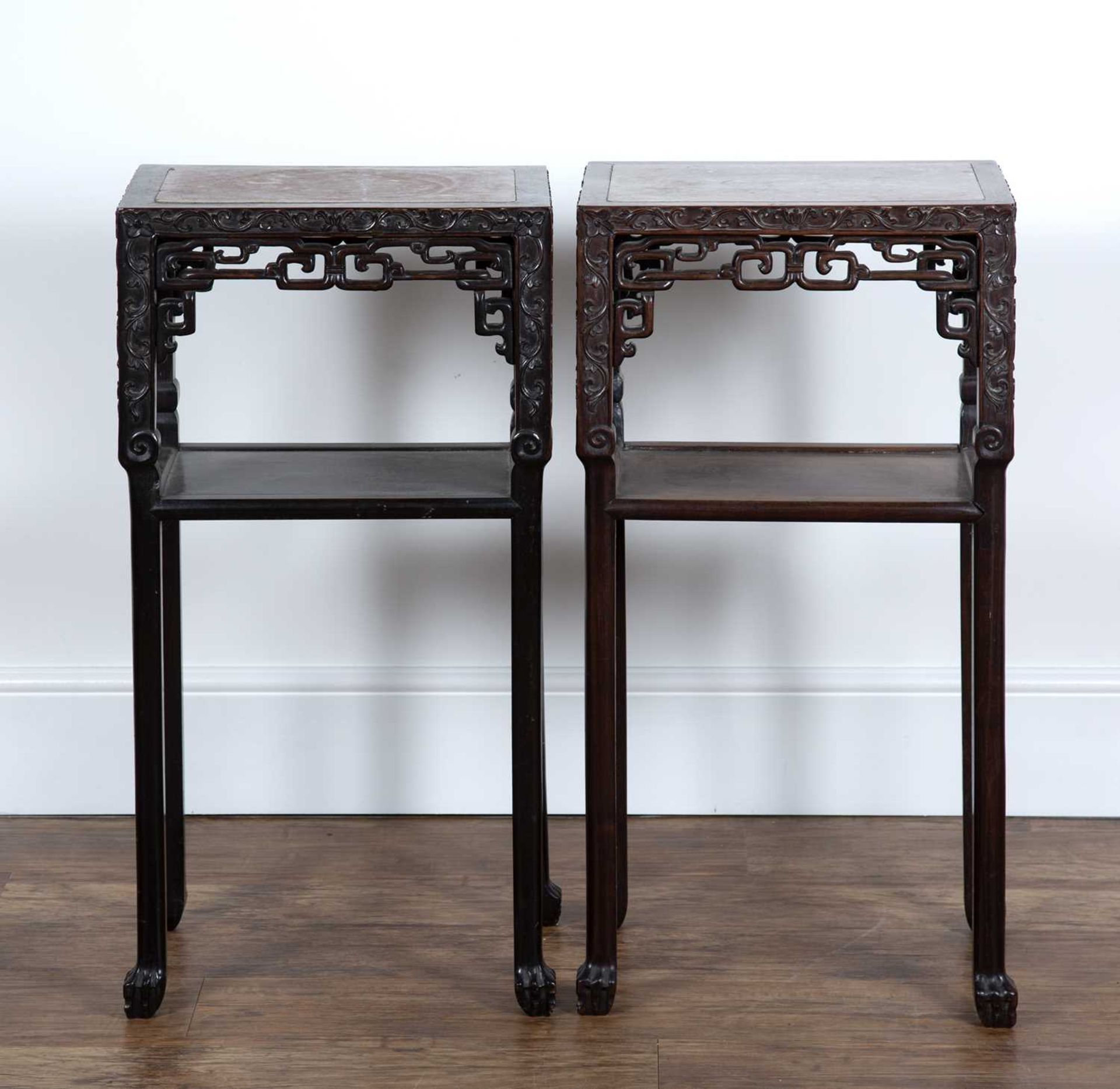 Pair of marble inset tables Chinese, late 19th Century with foliate carved and decorative friezes, - Image 4 of 6