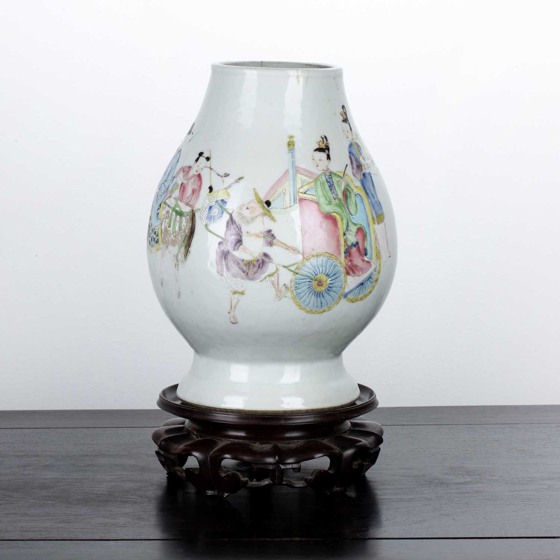 Ovoid porcelain vase Chinese, 19th Century painted in famille rose enamels with a hand drawn