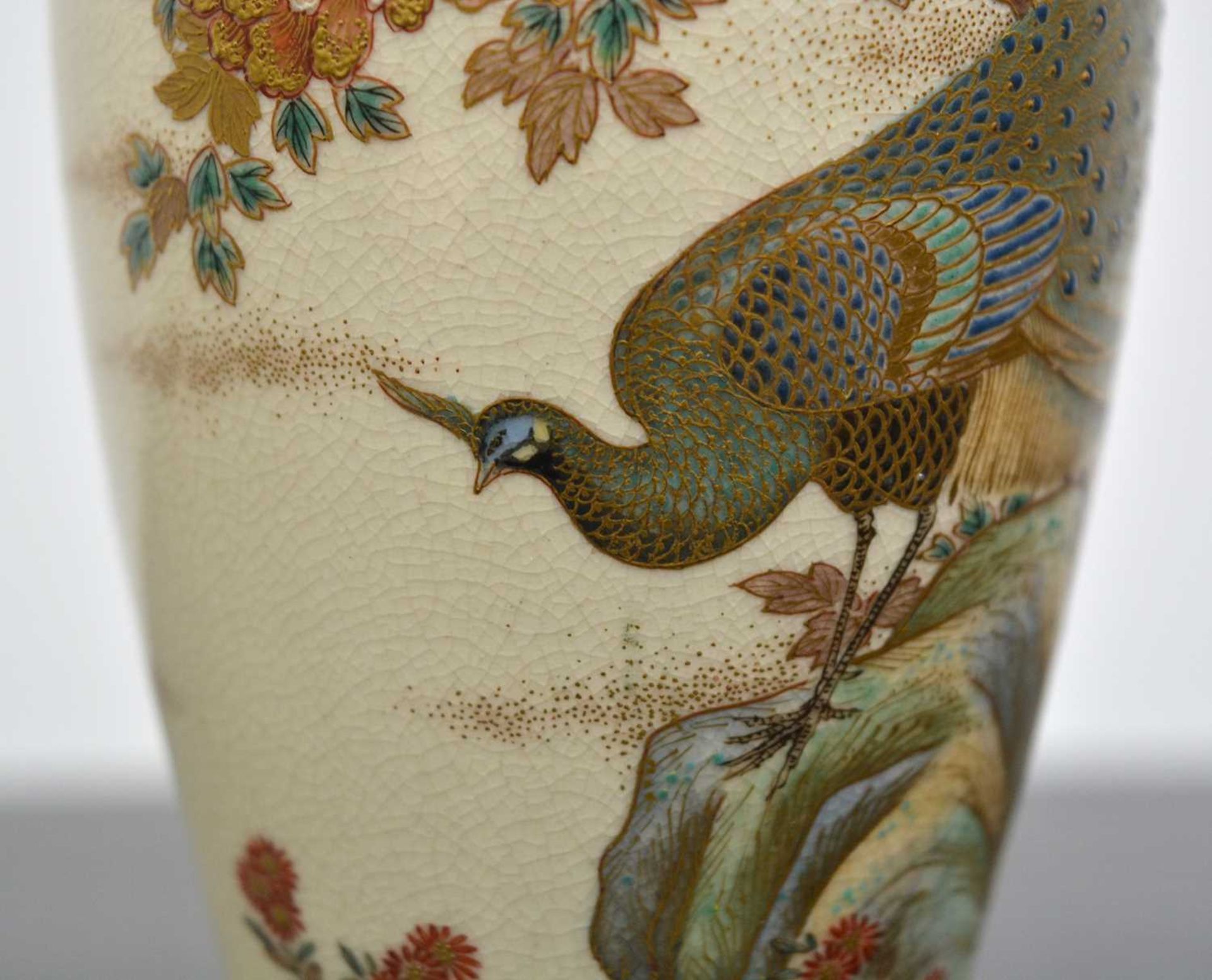 Kyoto Satsuma inverted baluster vase Japanese, late Meiji decorated with a peacock perched upon a - Image 4 of 5