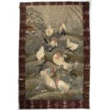 Large Kyoto school embroidered panel Japanese, Meiji period depicting to the centre chickens and