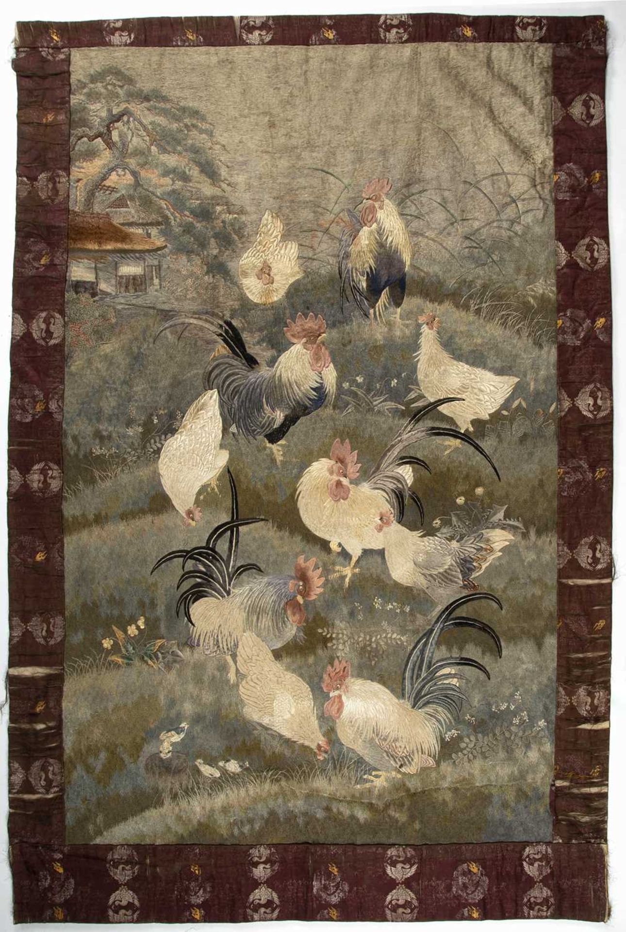 Large Kyoto school embroidered panel Japanese, Meiji period depicting to the centre chickens and