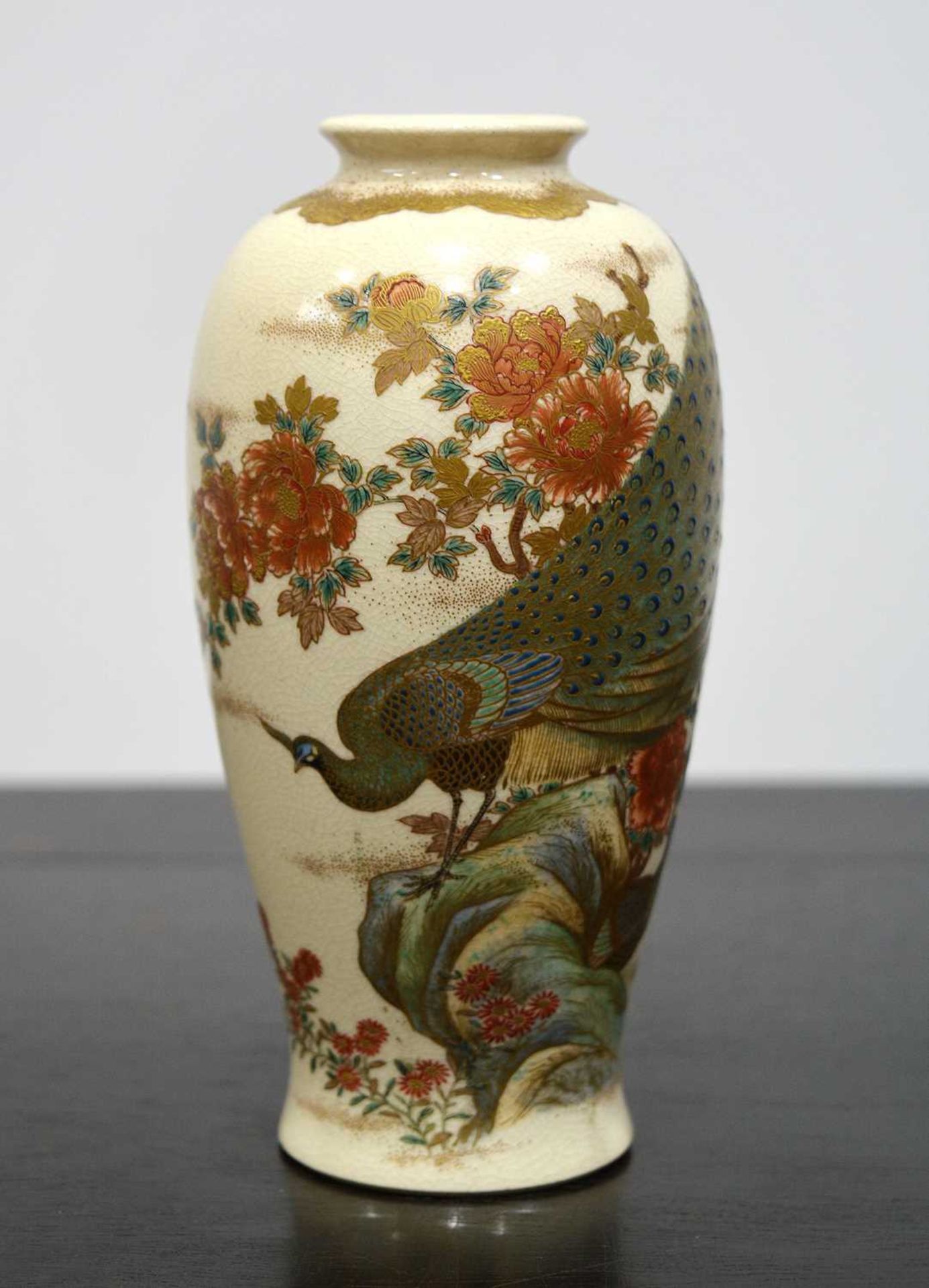 Kyoto Satsuma inverted baluster vase Japanese, late Meiji decorated with a peacock perched upon a - Image 3 of 5