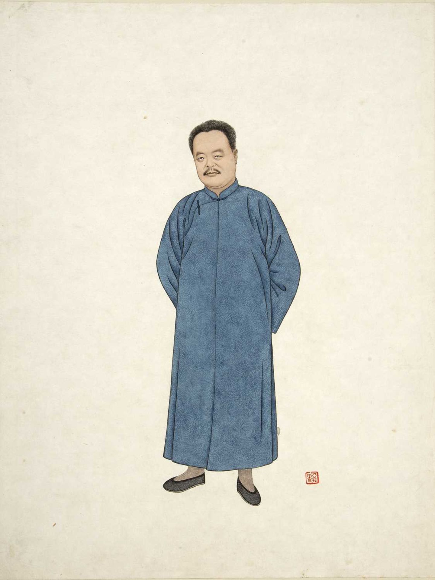 Chiang Yee (Chinese, 1903-1977) 'Study of a standing gentleman in blue coat', ink and wash study,