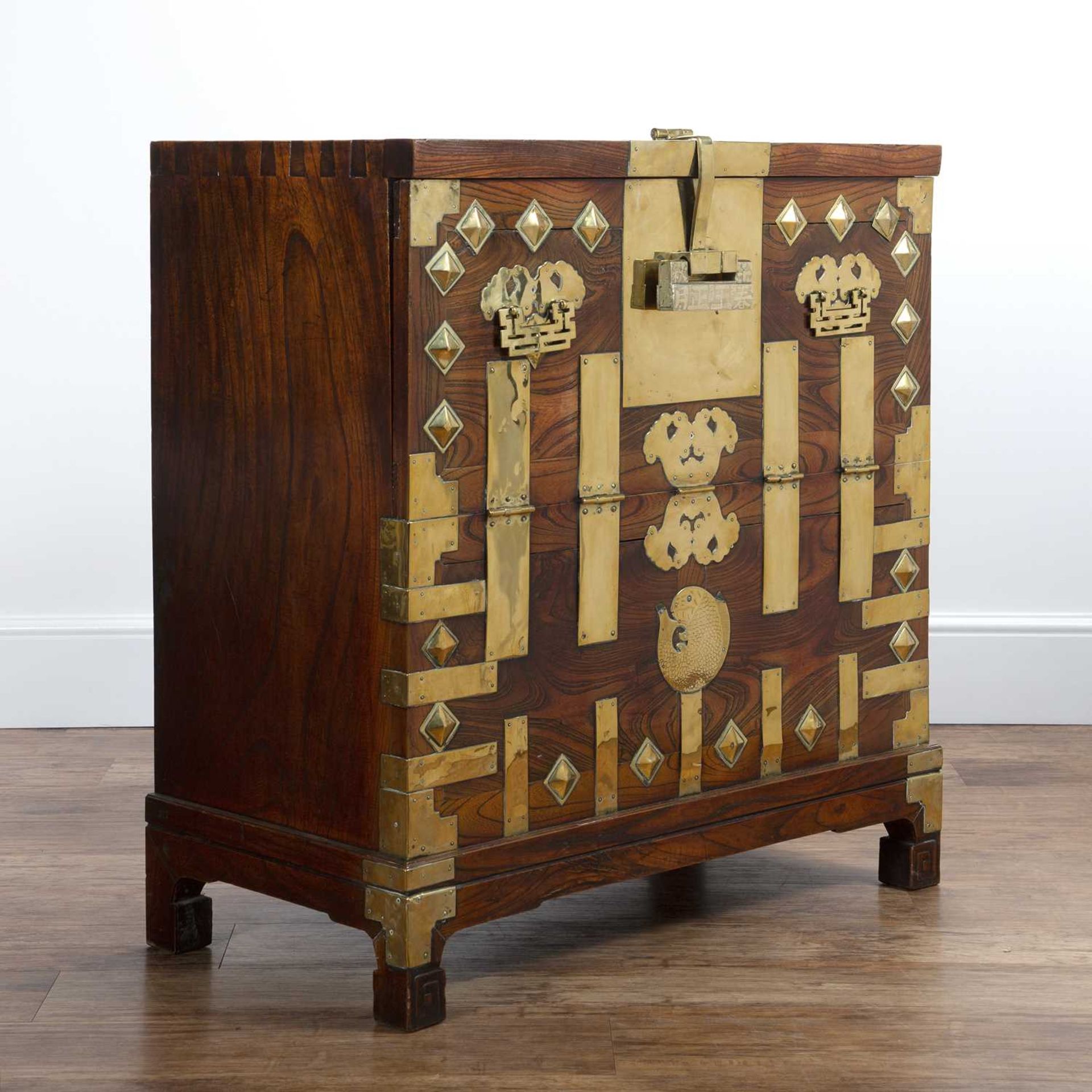 Elm and brass cabinet Korean, 19th Century having a fall front, with raised brass mounts and lock, - Image 2 of 6