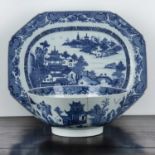 Blue and white porcelain meat plate Chinese, early 19th Century of octagonal form, with a river