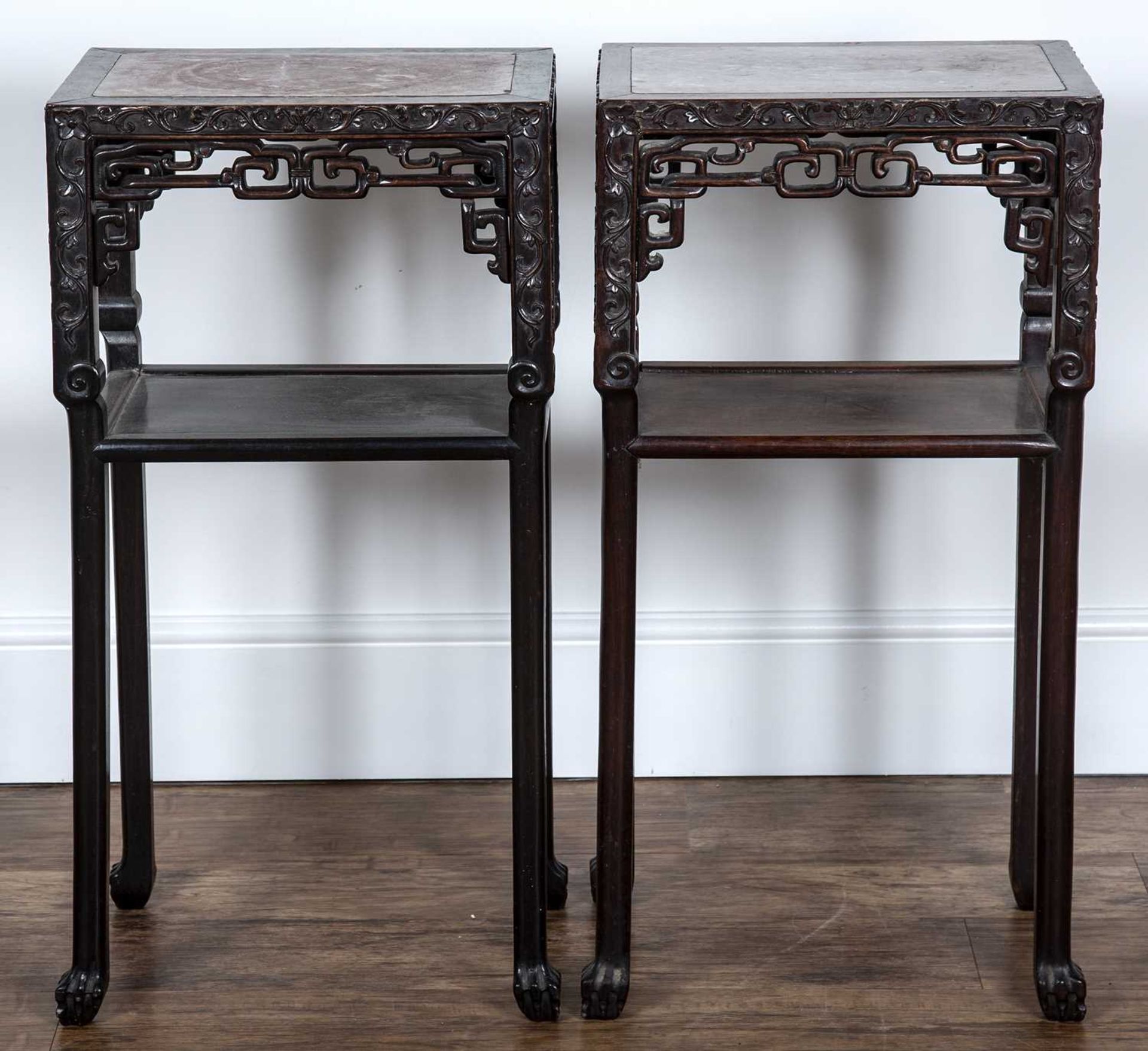 Pair of marble inset tables Chinese, late 19th Century with foliate carved and decorative friezes, - Image 5 of 6