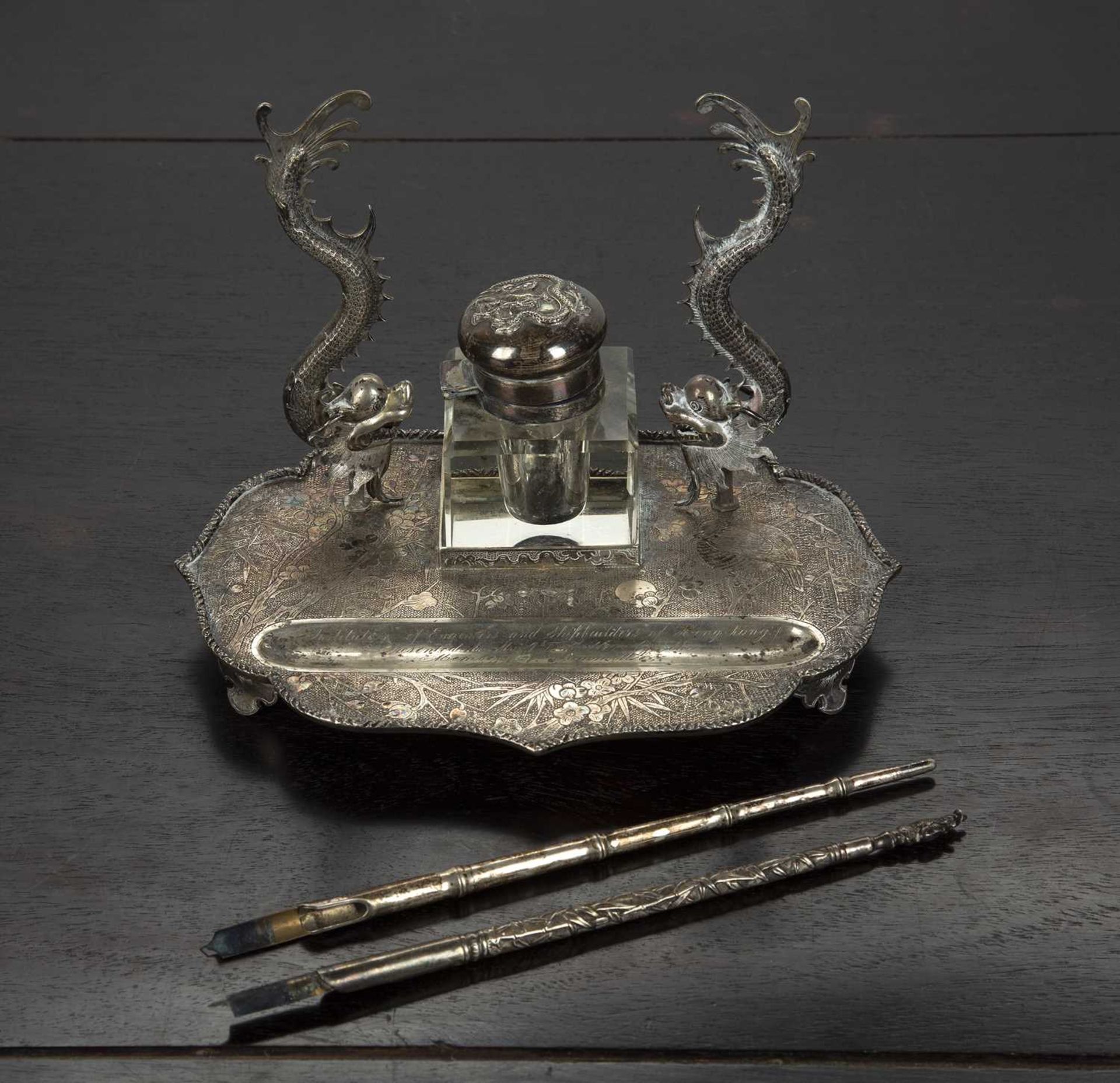 White metal/silver pen and inkstand awarded to John Finlay Miller (1869-1949) and related