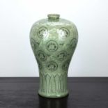 Mei-ping shaped celadon vase Korean with leaf designs to the neck and base, and with monochrome mons