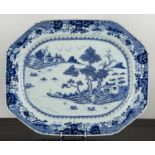 Large blue and white porcelain export meat plate Chinese, early 19th Century painted with a river