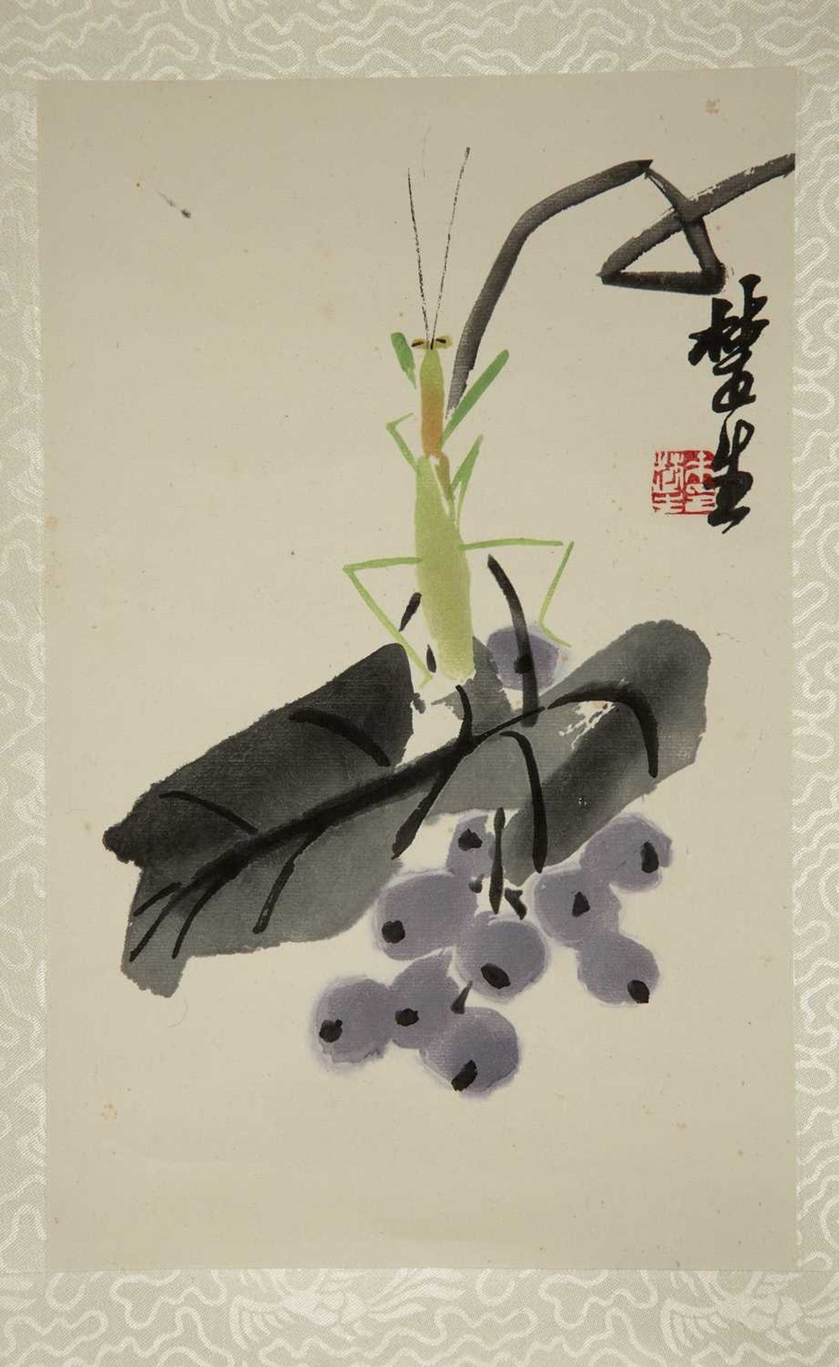 Attributed to Lai Chu-Sheng (1903-1975) 'Mantis and grapes' watercolour on paper, hanging scroll,