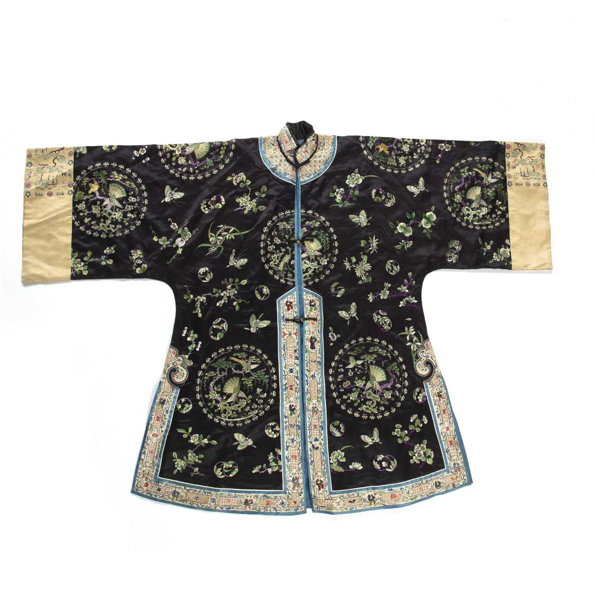 Black silk embroidered jacket Chinese with embroidered birds, butterflies and other auspicious