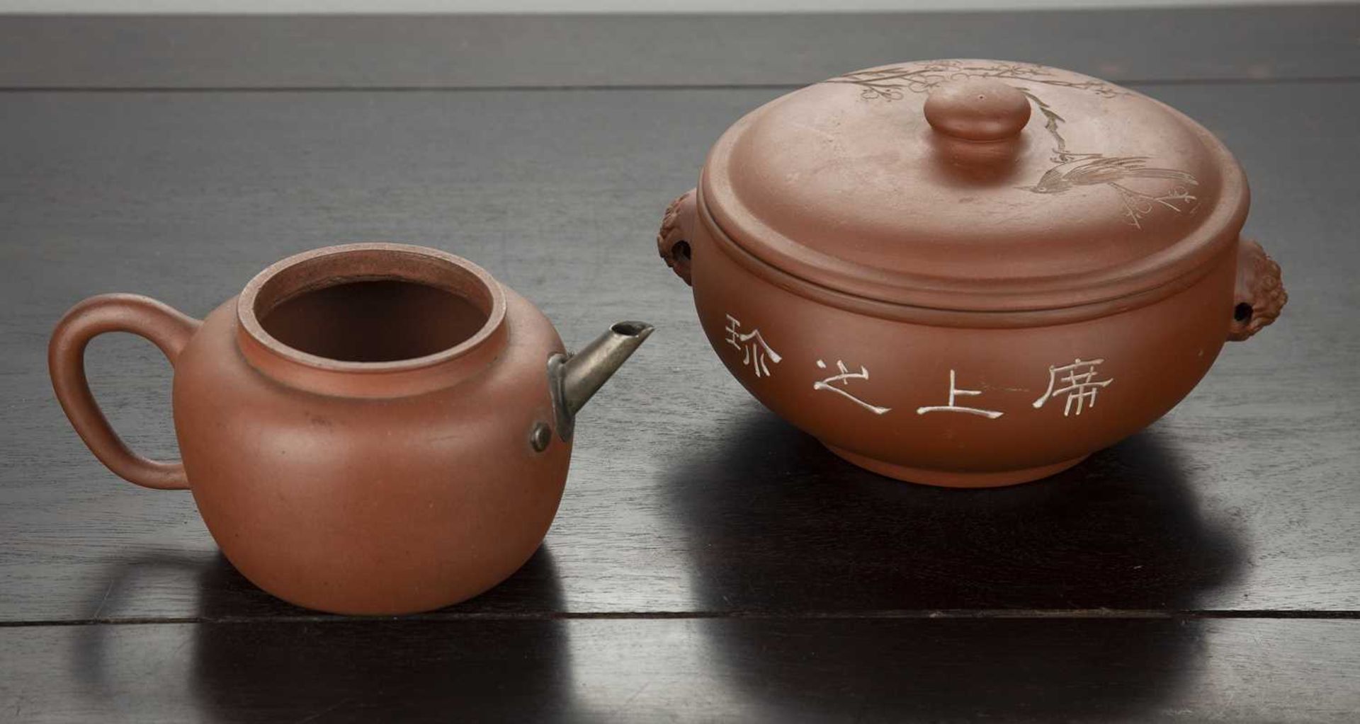 Two Yixing earthenware pieces Chinese to include a teapot, with two seal marks, 19cm across, and a - Image 2 of 6