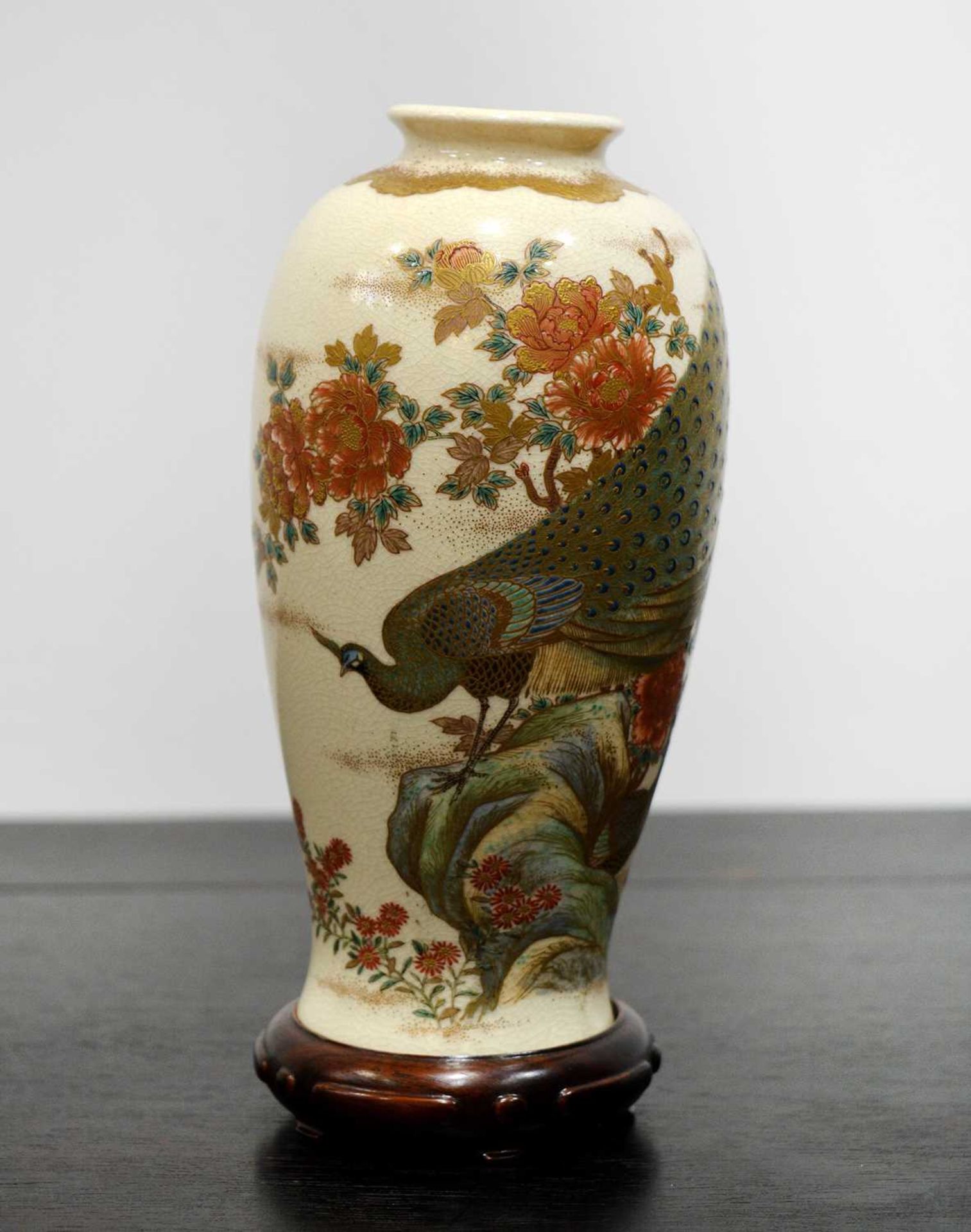 Kyoto Satsuma inverted baluster vase Japanese, late Meiji decorated with a peacock perched upon a