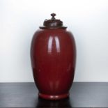 Large flambe glazed ovoid form vase Chinese, 18th/19th Century with rosewood cover, carved with open