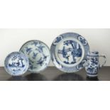 Group of blue and white porcelain Chinese, Kangxi period comprising of a large blue and white dish