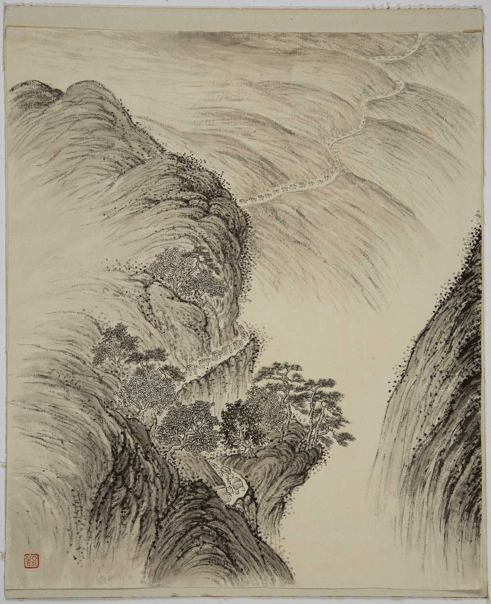 Chiang Yee (Chinese, 1903-1977) 'Vehicles in a mountain landscape', ink and wash study, signed - Image 2 of 2