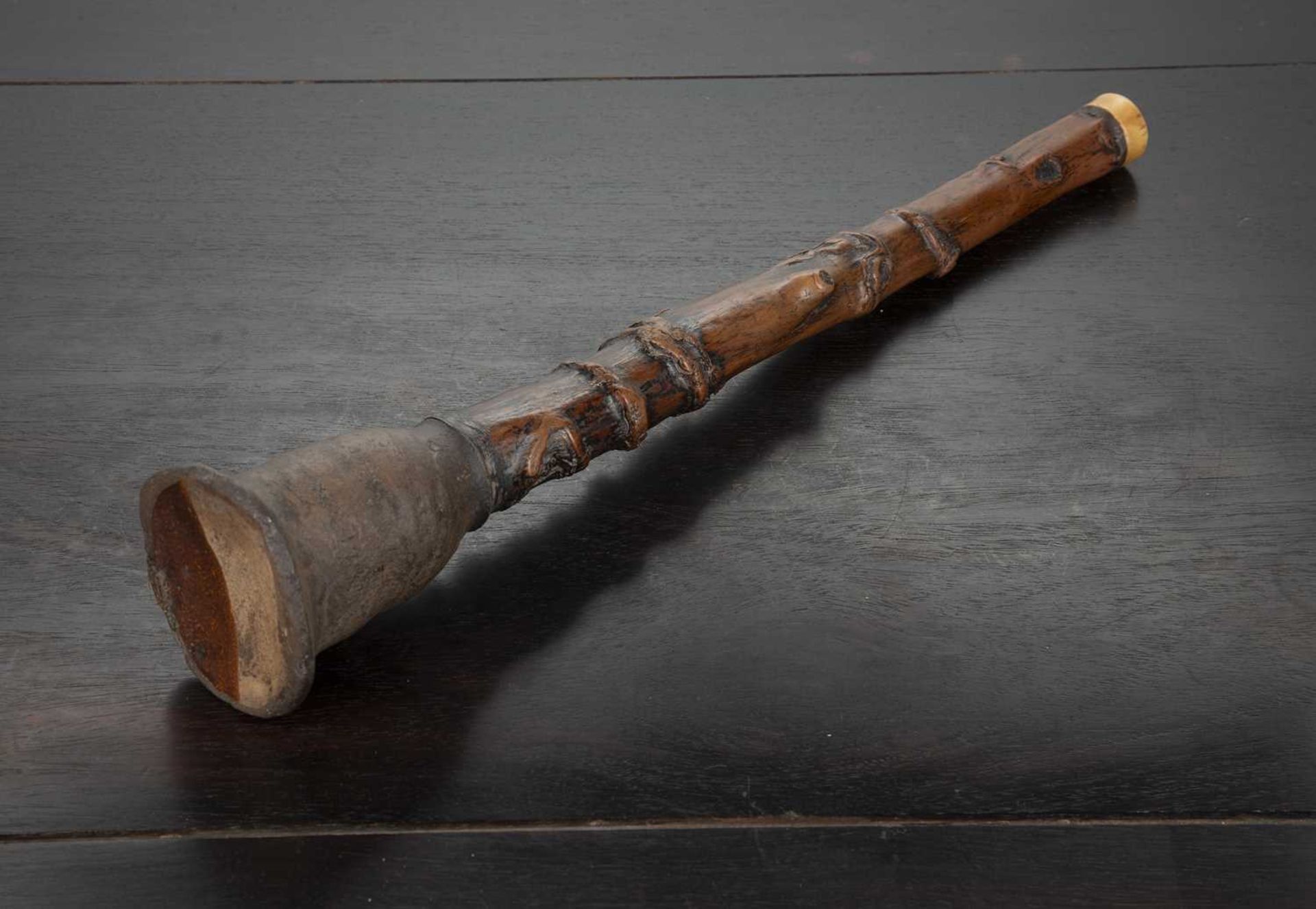 Rustic Hmong opium pipe Vietnam, late 19th Century with a bone mouth piece and ceramic bowl, 41cm - Image 2 of 3