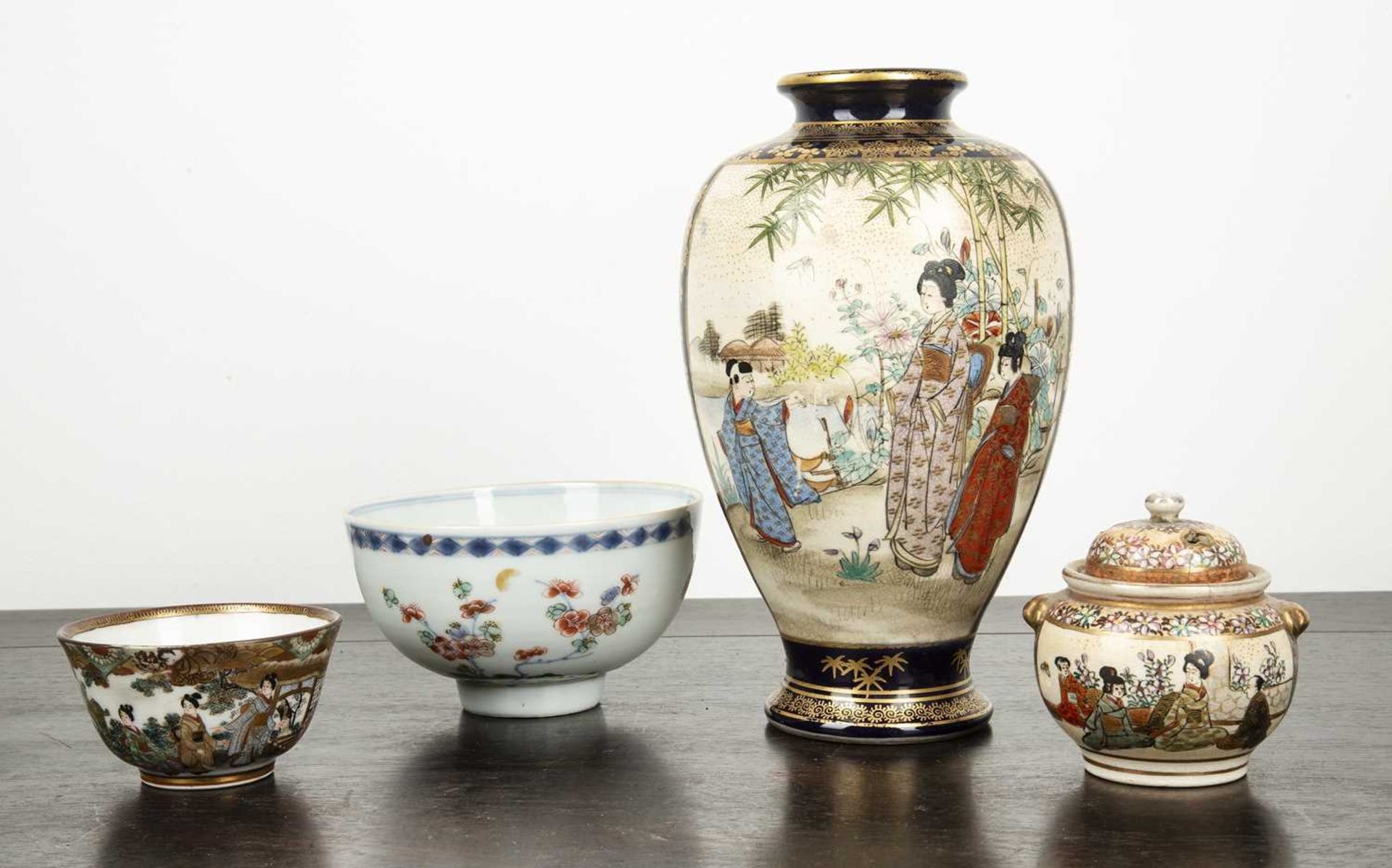 Small group of pieces Japanese to include a blue ground satsuma vase, 19cm, a miniature Satsuma