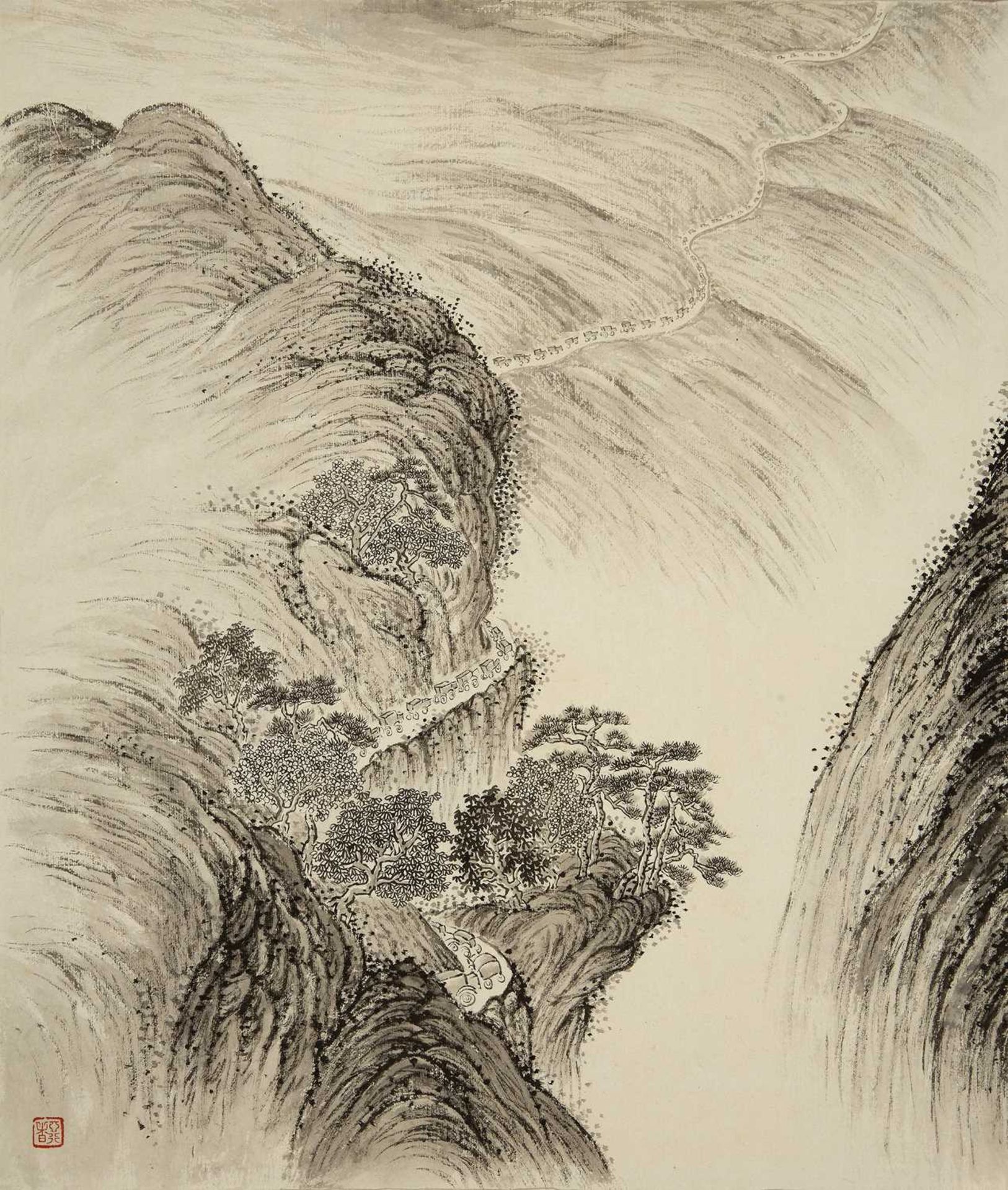 Chiang Yee (Chinese, 1903-1977) 'Vehicles in a mountain landscape', ink and wash study, signed