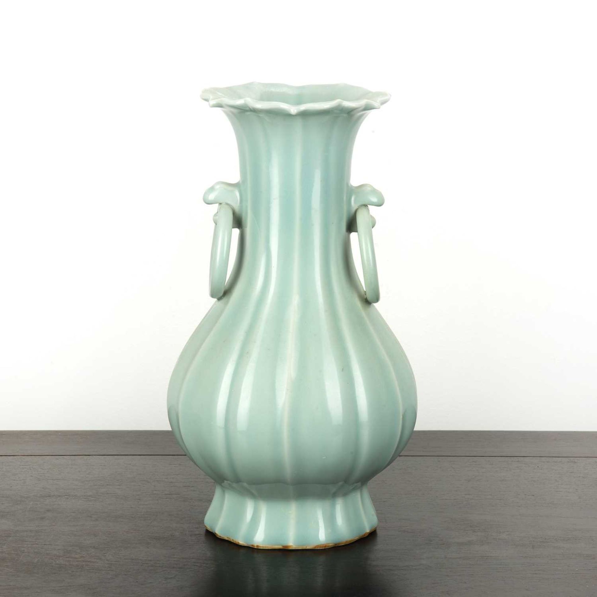Celadon riveted vase Chinese covered with a pale celadon glaze, flanked by two set handles with
