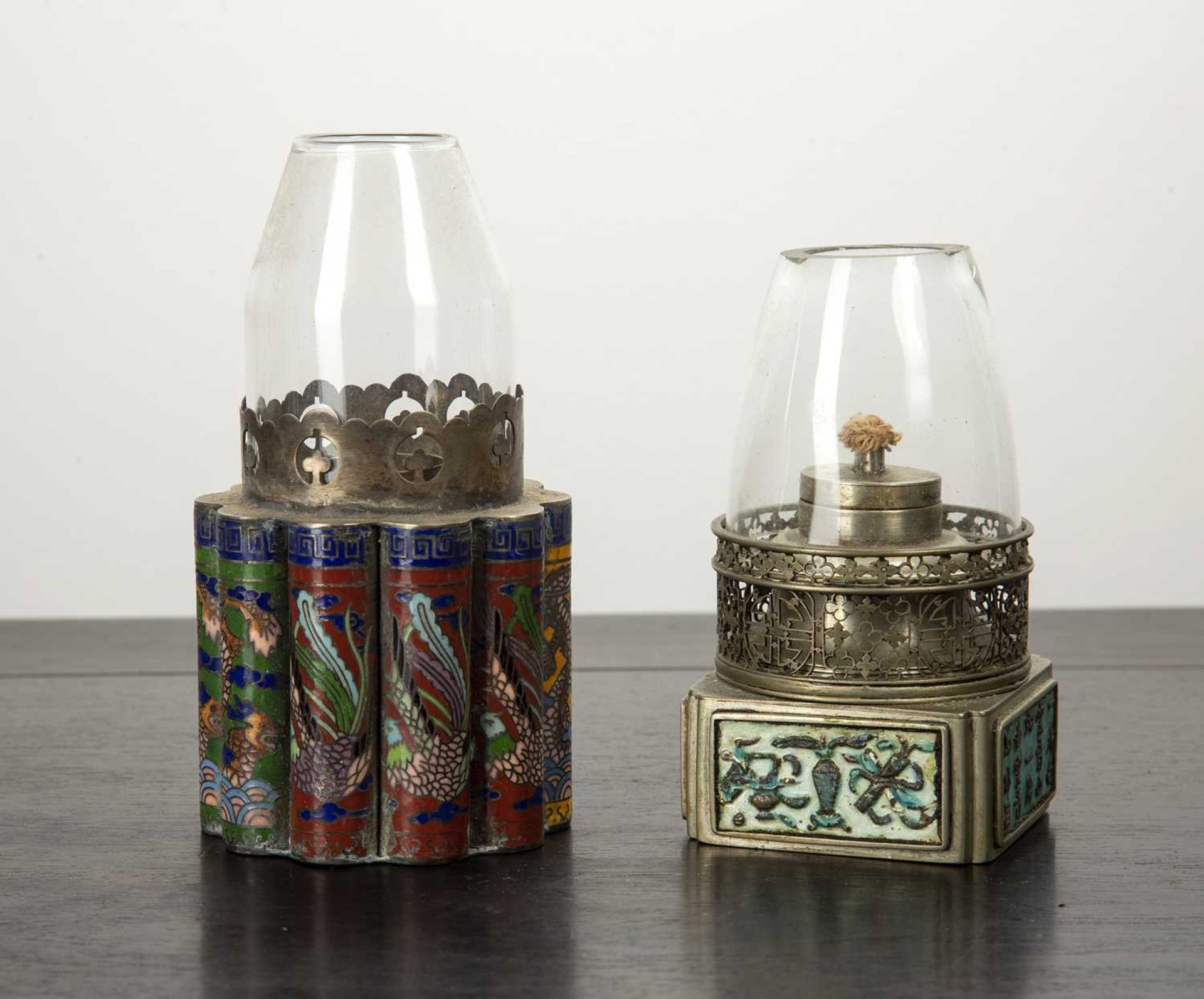 Two oil lamps Chinese, circa 1900 the smaller lamp with turquoise enamel panels to the pierced metal
