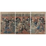 Morikawa Chikashige active ca. 1869-82 'Actors', woodblock triptych, framed and glazed, 35cm x 73.