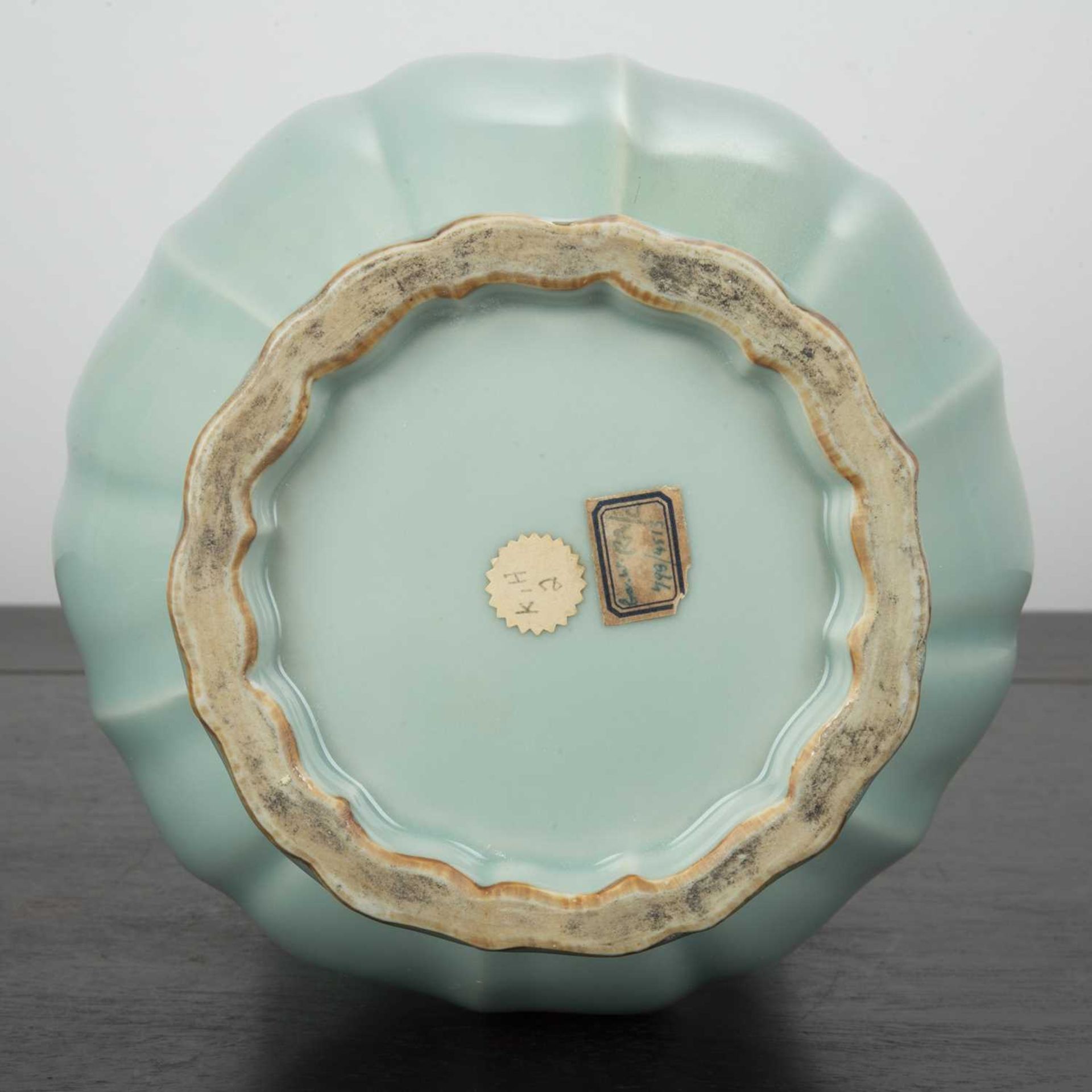 Celadon riveted vase Chinese covered with a pale celadon glaze, flanked by two set handles with - Image 5 of 5