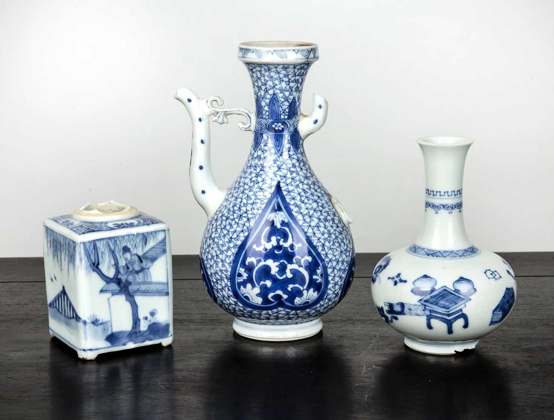 Group of blue and white ceramics Chinese, Kangxi, and later comprising of a Kangxi vase decorated