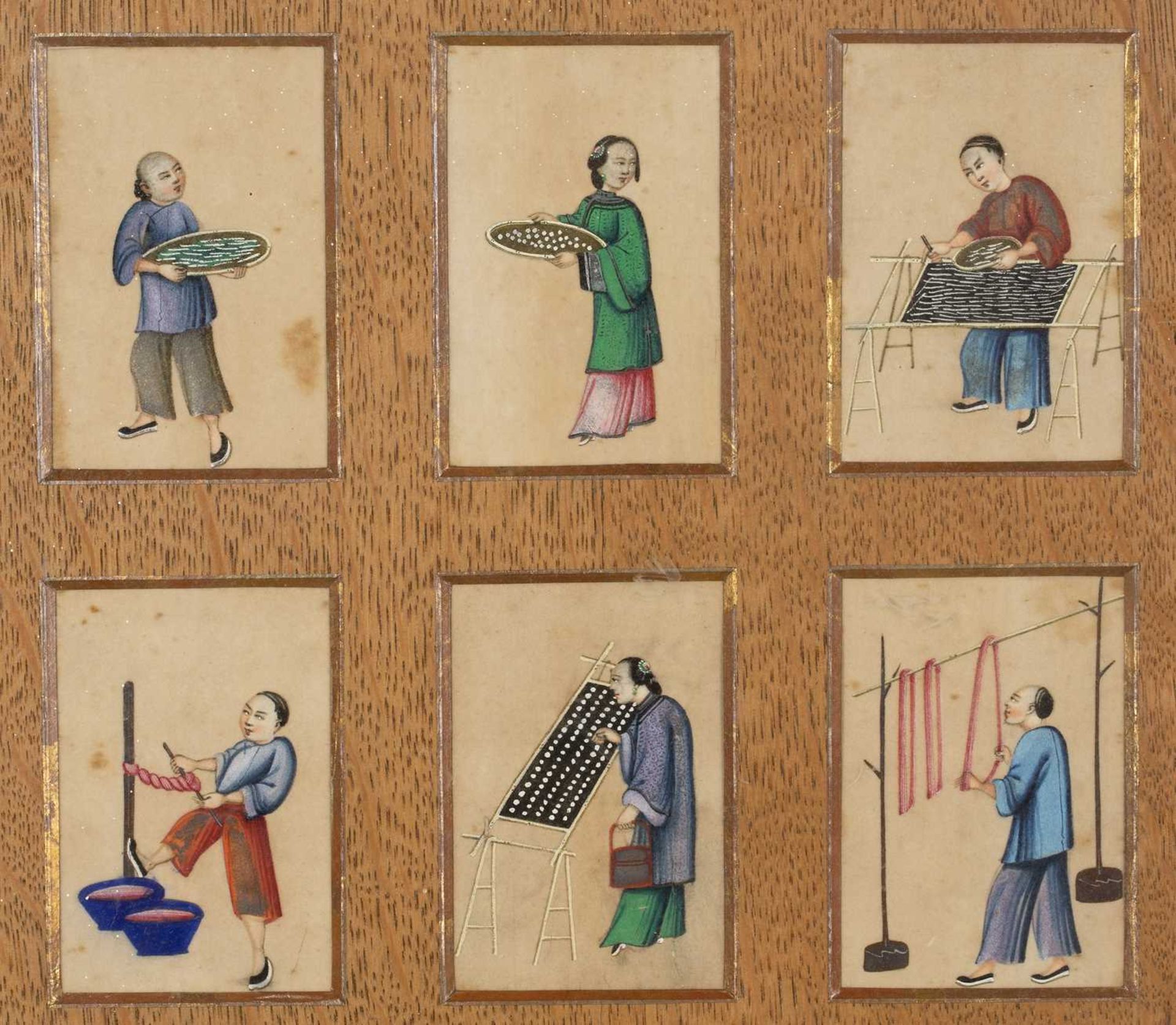 Set of six pith paintings Chinese, late 19th Century depicting various traders and craftsmen,