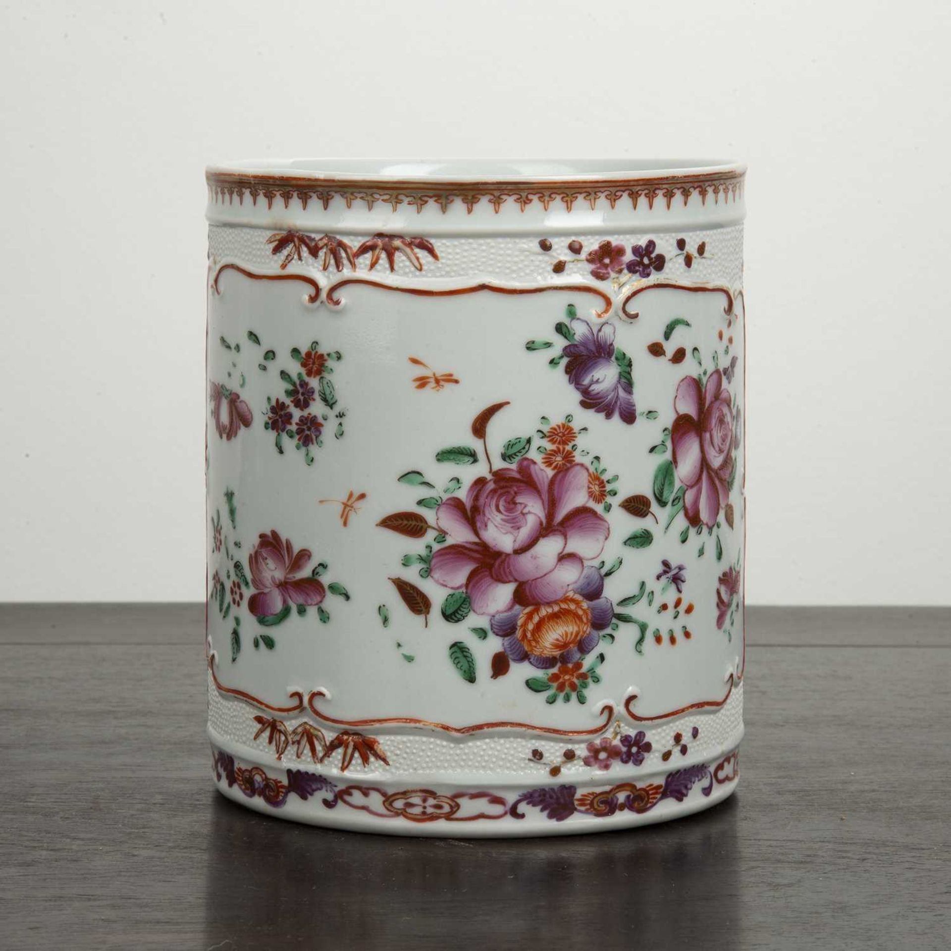 Large famille rose tankard Chinese with raised decoration separated by floral medallions, the - Image 2 of 5